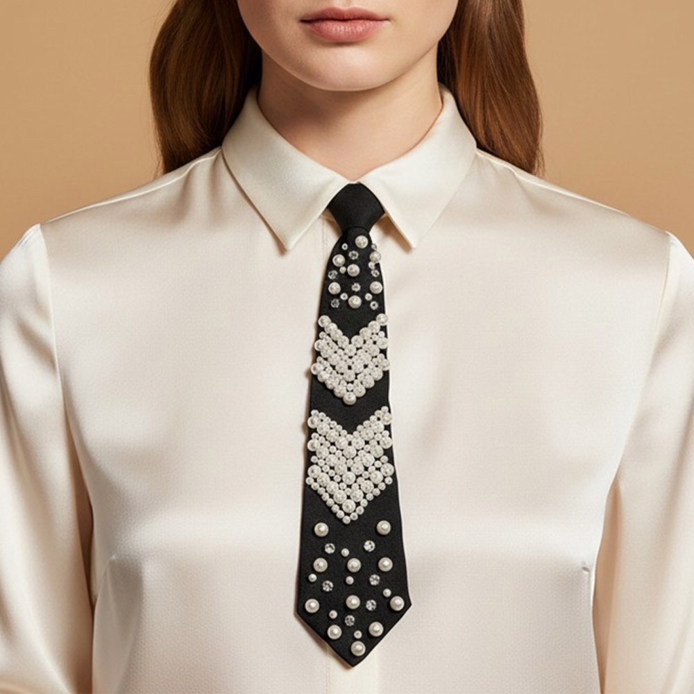 Black & White Pearl Embellished Crystal Tie Statement Necklace
